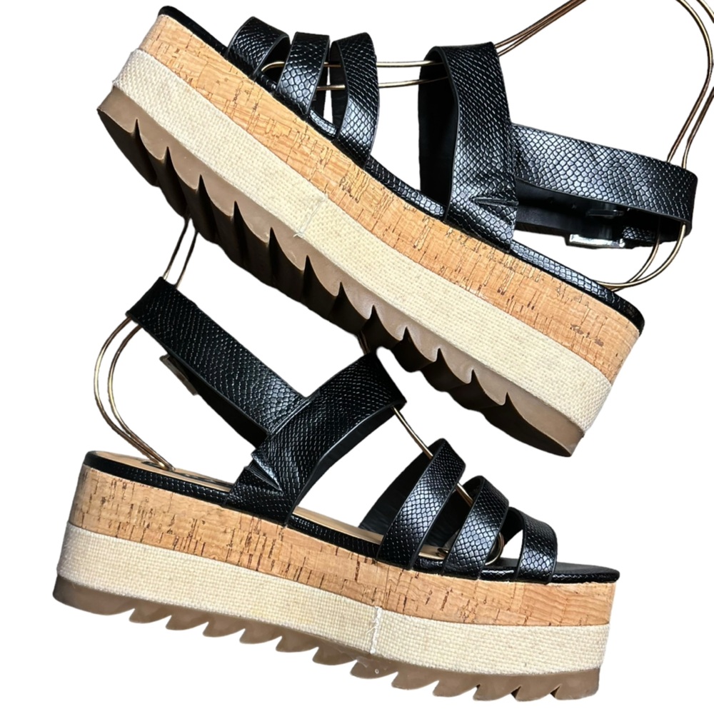 Zara Trafaluc Womens Platform Sandals Shoes Slingback Black Snakeskin Size 39